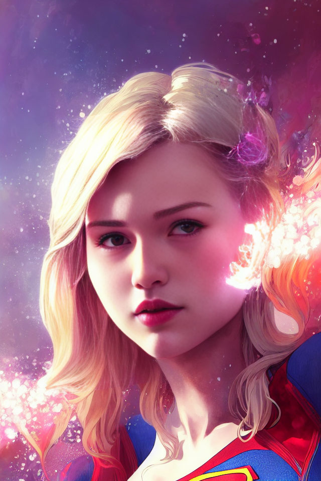 Blonde Supergirl Costume Portrait in Cosmic Background