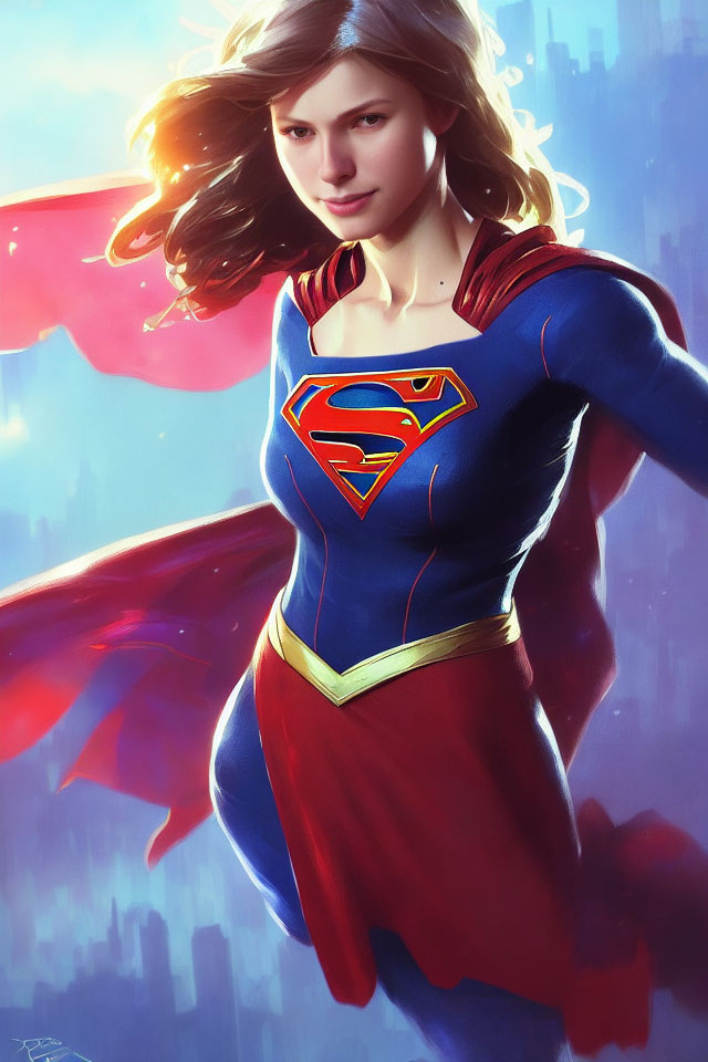 Young woman in Supergirl costume floating in cityscape.