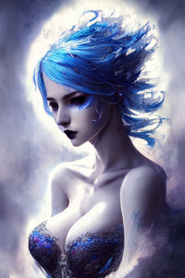 Striking Blue Hair Woman with Elaborate Skin Designs