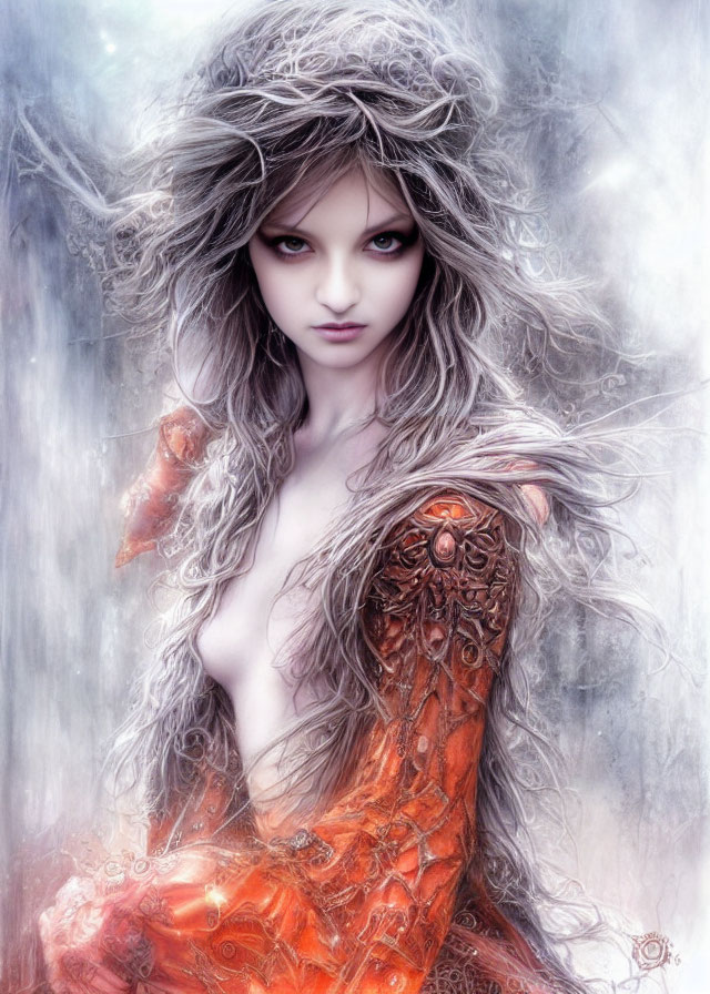 Mystical female figure with wild hair and ornate attire in ethereal setting