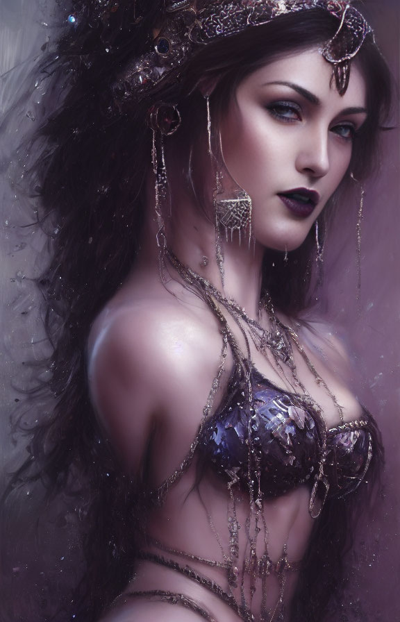 Fantasy portrait of woman with dark hair and jewel-encrusted headdress on purple background