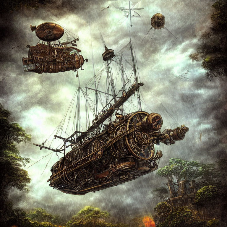 Steampunk-style airships over a forest under stormy sky