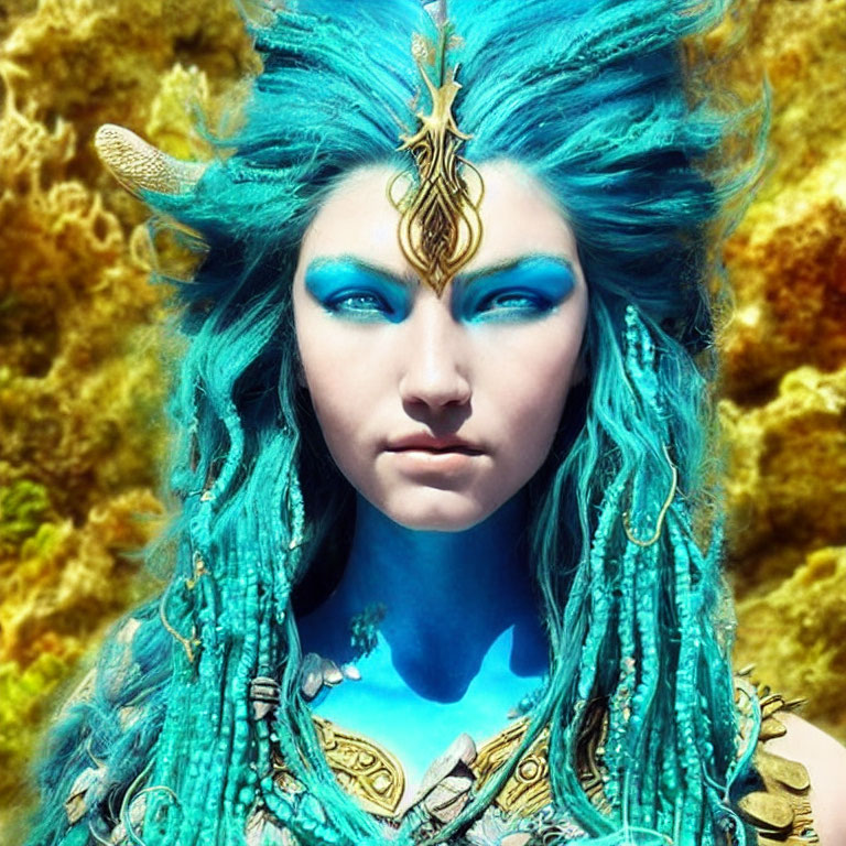Blue-skinned fantasy character with turquoise hair and golden headpiece on golden backdrop