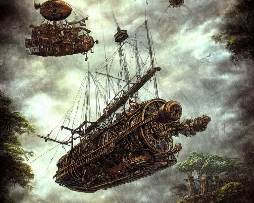 Steampunk-style airships over a forest under stormy sky