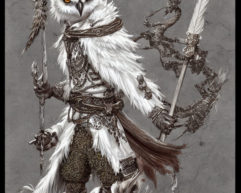 Anthropomorphic owl in ornate armor with staff and quill on shoulder, against gray background