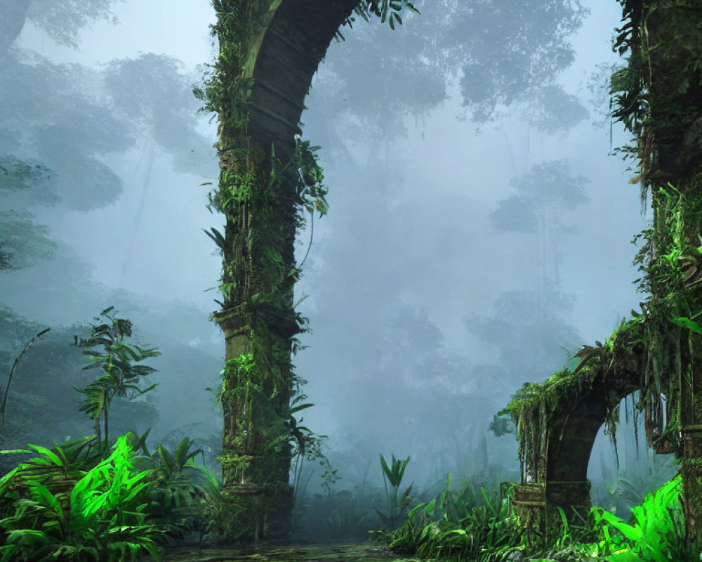 Lush Green Forest with Overgrown Ruins and Archways