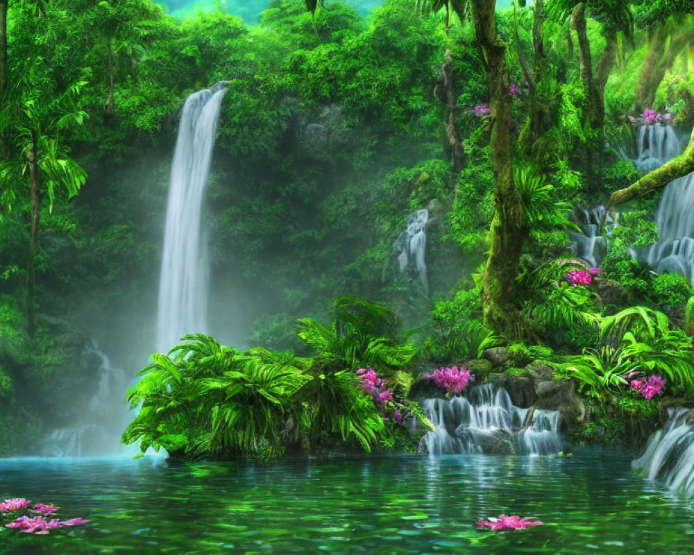 Tropical forest with waterfall, pink flowers, serene pond