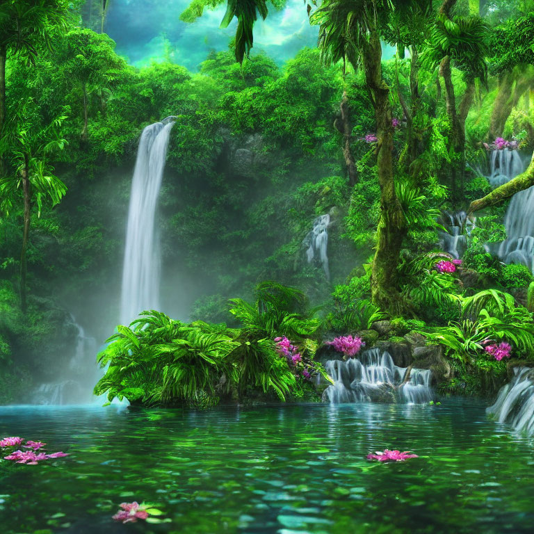 Tropical forest with waterfall, pink flowers, serene pond