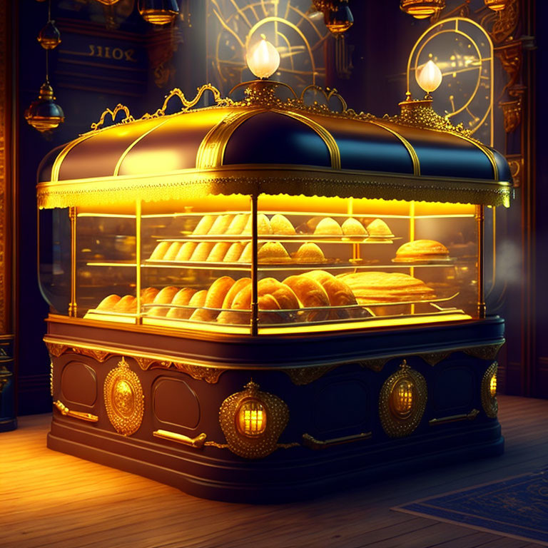 Vintage Bread Display Case with Glowing Lights and Golden Loaves in Elegant Room
