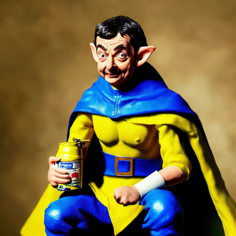 Colorful superhero figurine in blue and yellow costume with cape and food can.