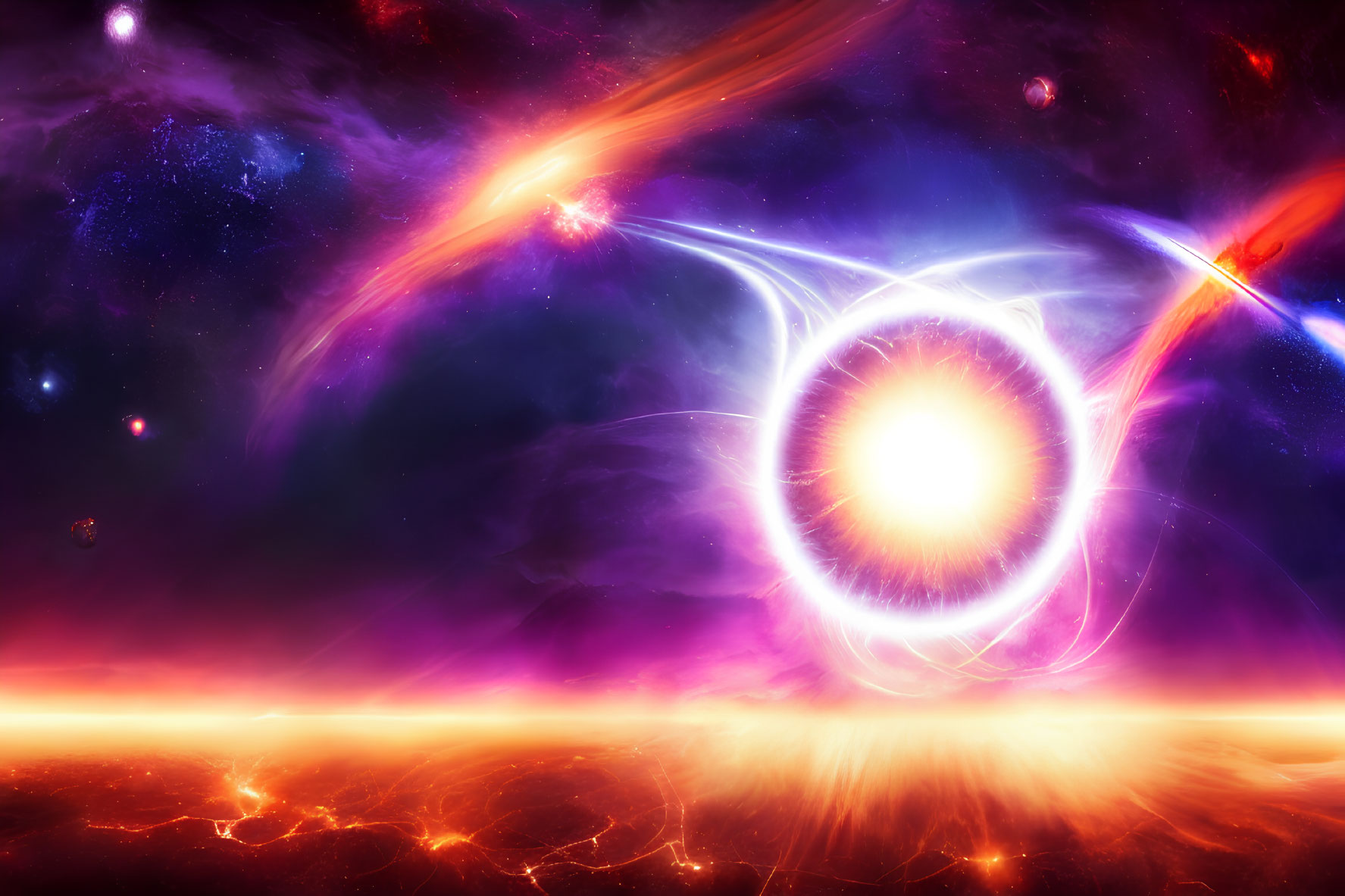 Vibrant cosmic scene with glowing star and swirling energy.