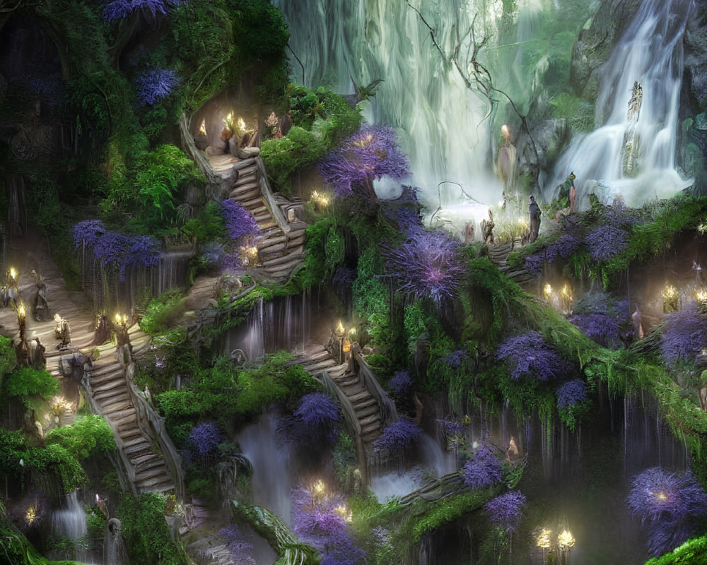 Luminous forest scene with waterfalls, lantern-lit pathways, and wandering figures