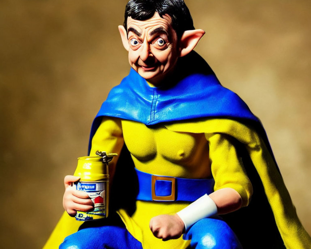Colorful superhero figurine in blue and yellow costume with cape and food can.