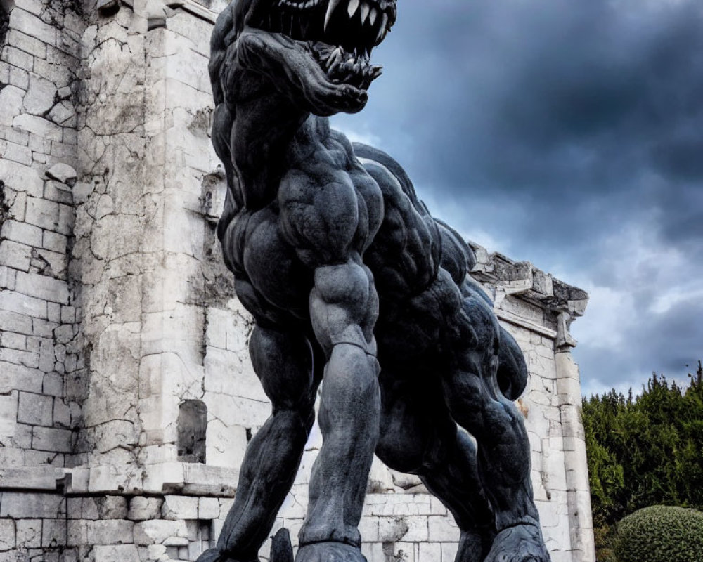 Black Werewolf Statue with Muscles Near Classical Stone Structure