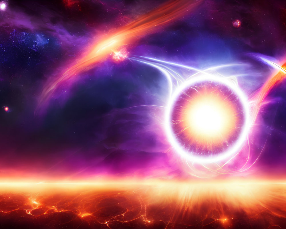 Vibrant cosmic scene with glowing star and swirling energy.