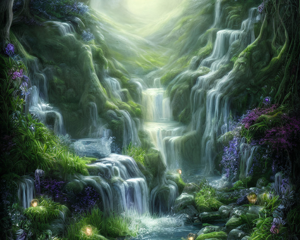 Serene forest waterfall with moss and plants