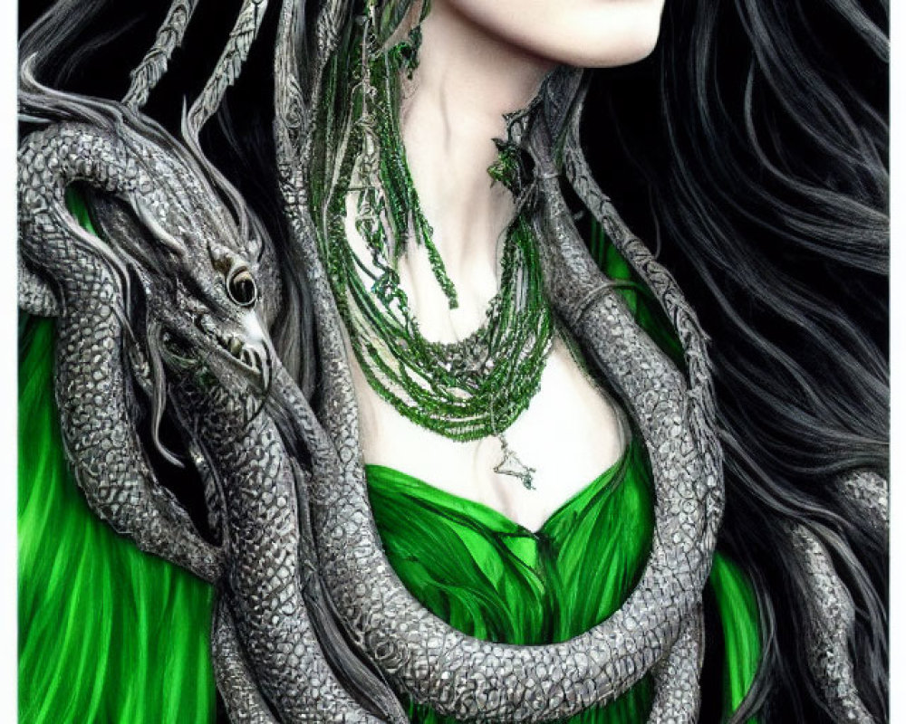 Pale woman with blue eyes, ornate headpiece, green dress, and snake in hair