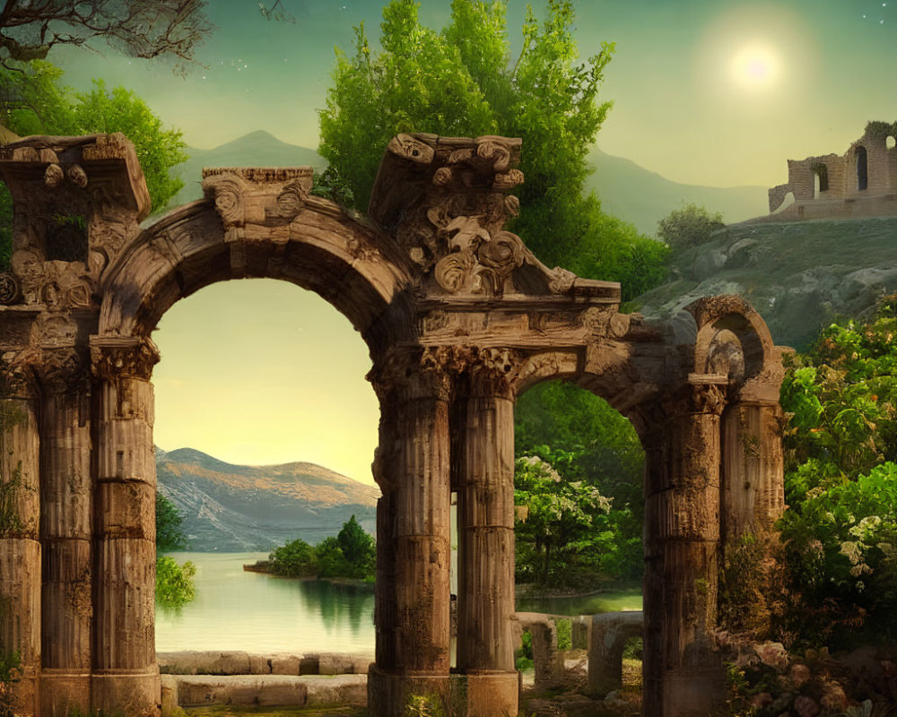 Moonlit stone arches by serene lake with ruins and lush greenery