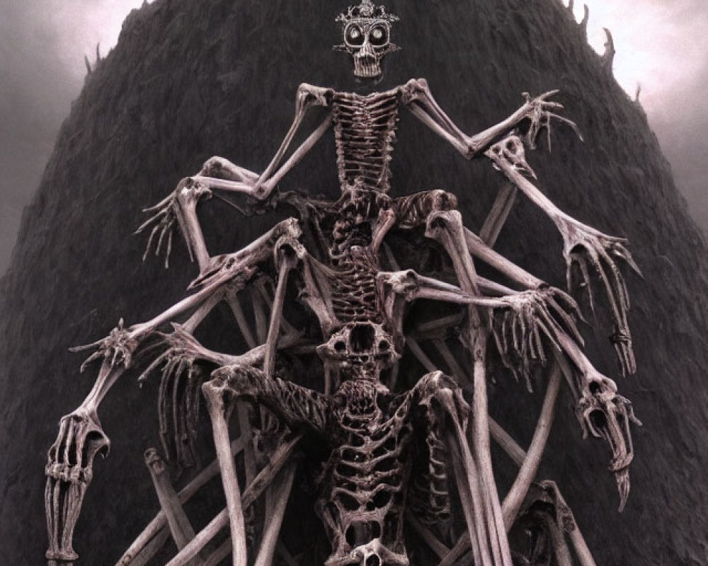 Skeleton with Multiple Arms on Bone Throne in Dark Mountain Background