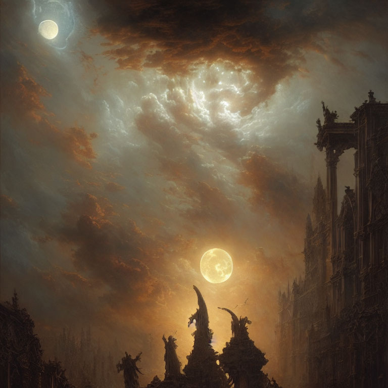 Gothic ruins and statues under two moons in dramatic sky