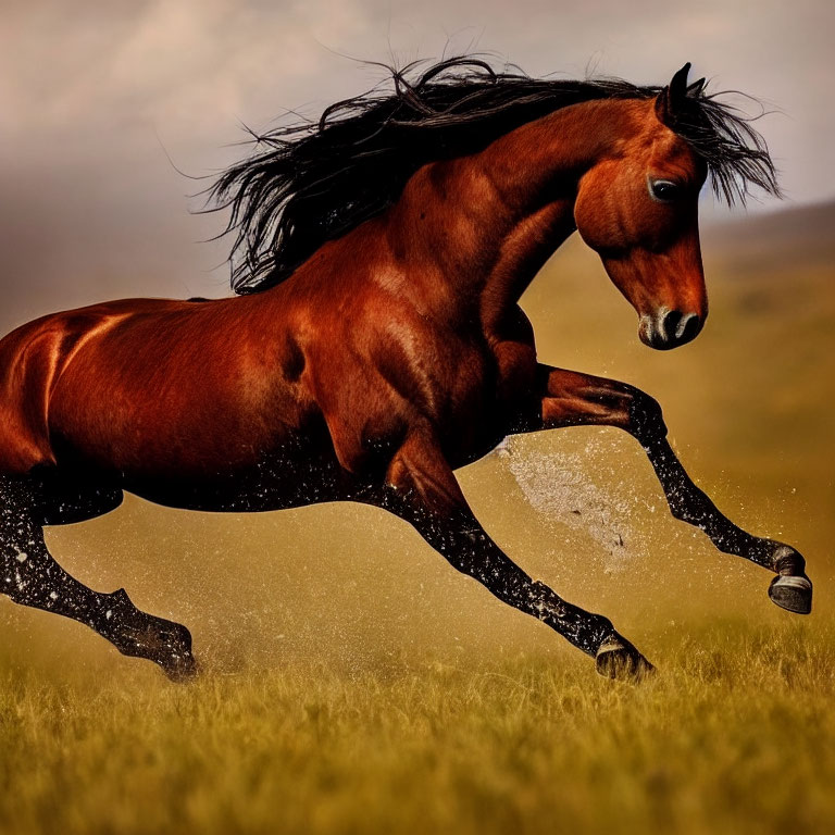 Brown horse galloping in field with flowing mane