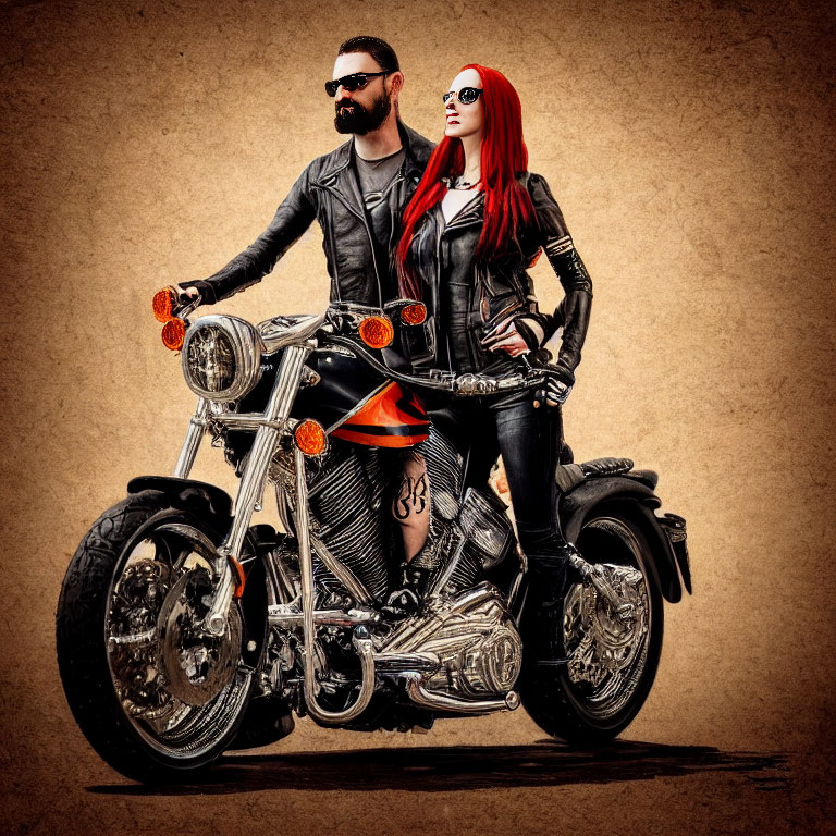 Red-haired man and woman in leather jackets pose with classic motorcycle on sepia background