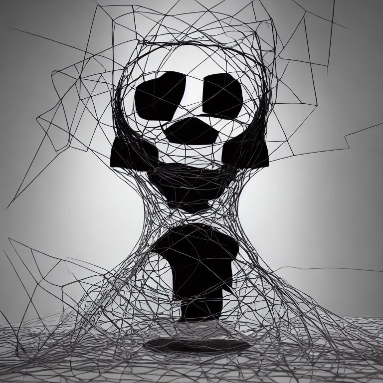 Monochrome digital art of stylized humanoid figure in abstract design