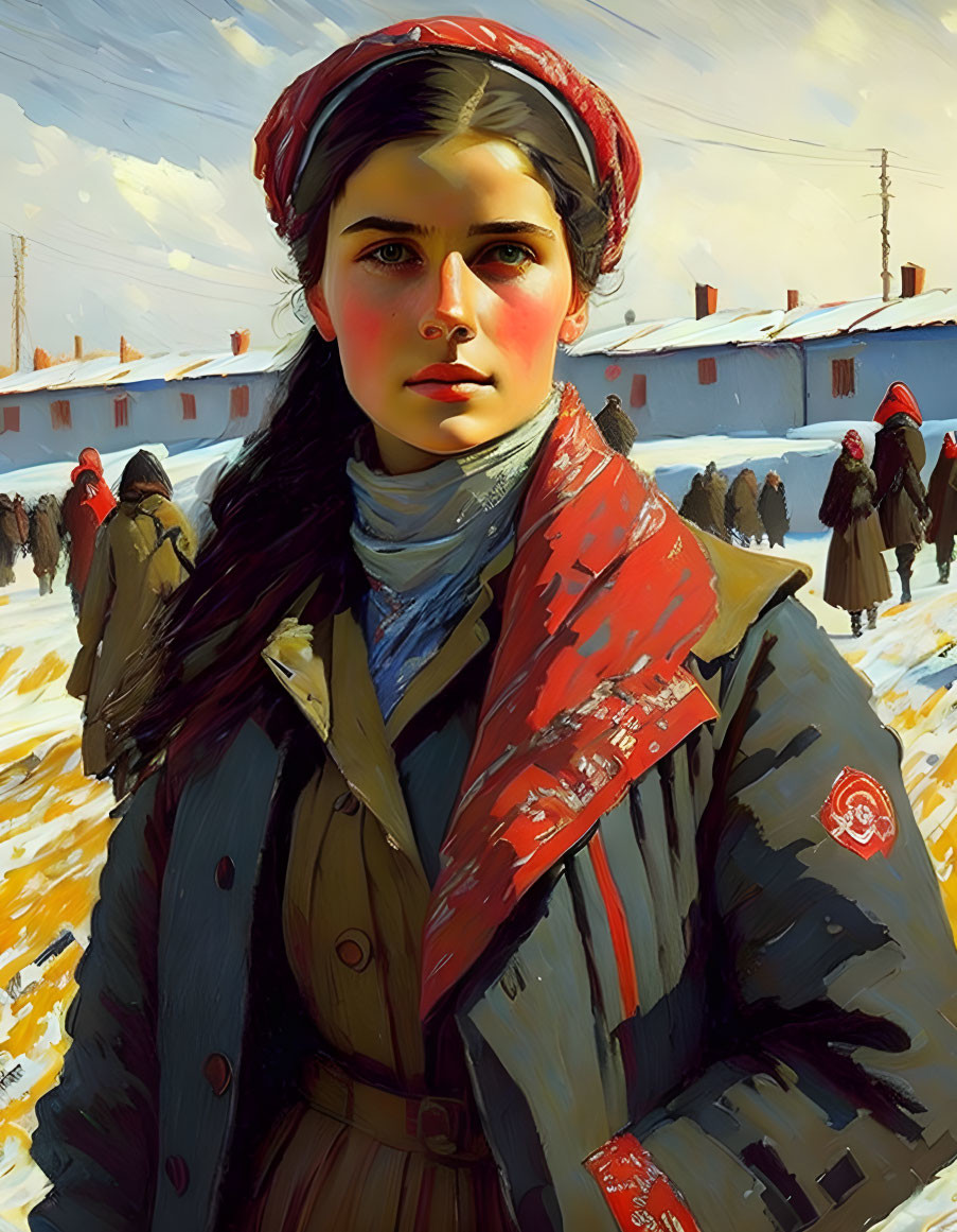 Digital painting of young woman in red headscarf in snowy scene