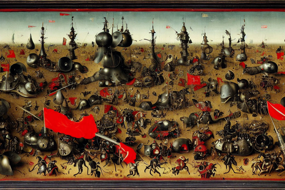 Surreal battle scene with armored figures and horses under stormy sky