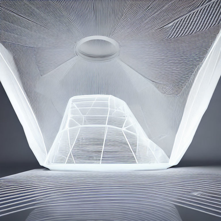 Futuristic illuminated interior with white geometric sculpture and patterned walls