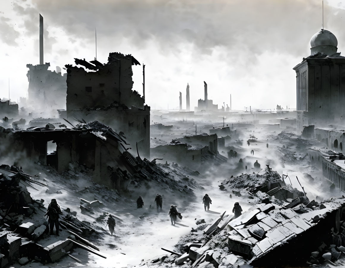 Monochrome war-torn cityscape with ruins, debris, and people amidst desolation
