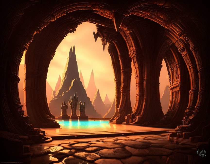 Fantasy landscape with arched doorway, towering mountain, water body, statues, and orange sky