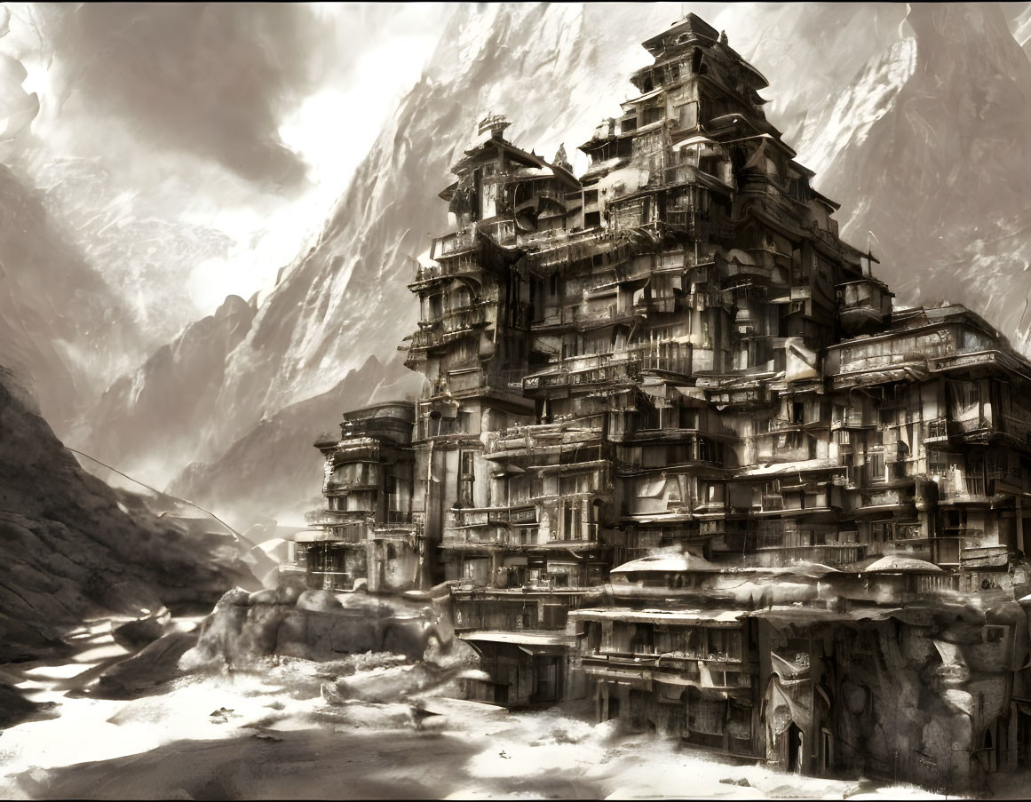 Ancient multi-tiered temple complex in rocky mountain terrain