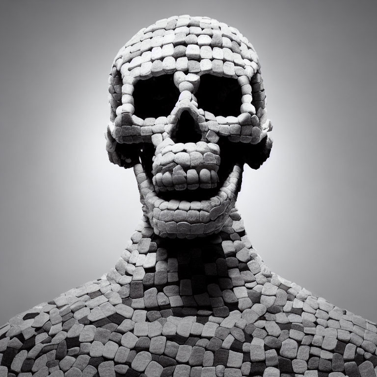 Monochrome mosaic human figure with skull-like face on gray background