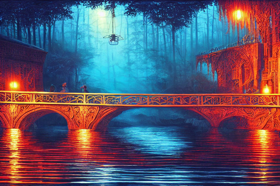 Fantastical illuminated scene: figures crossing ornate bridge over blue river, helicopter overhead, mystical fog