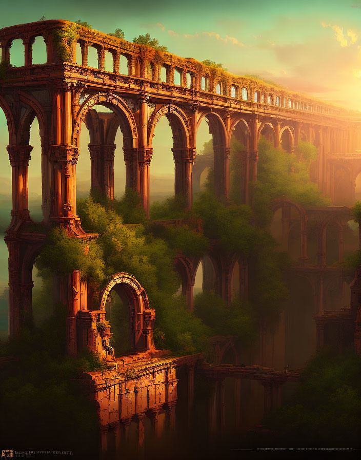 Ancient Roman aqueduct ruins in sunset glow amidst lush foliage
