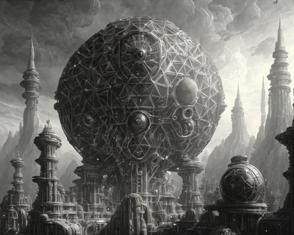 Monochrome fantasy landscape with towering spires and colossal spherical structure