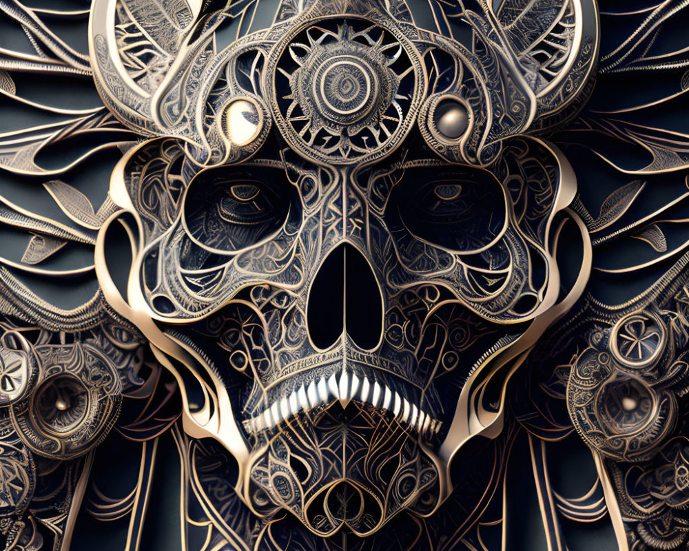 Intricate Metallic Skull with Mechanical Elements on Dark Background