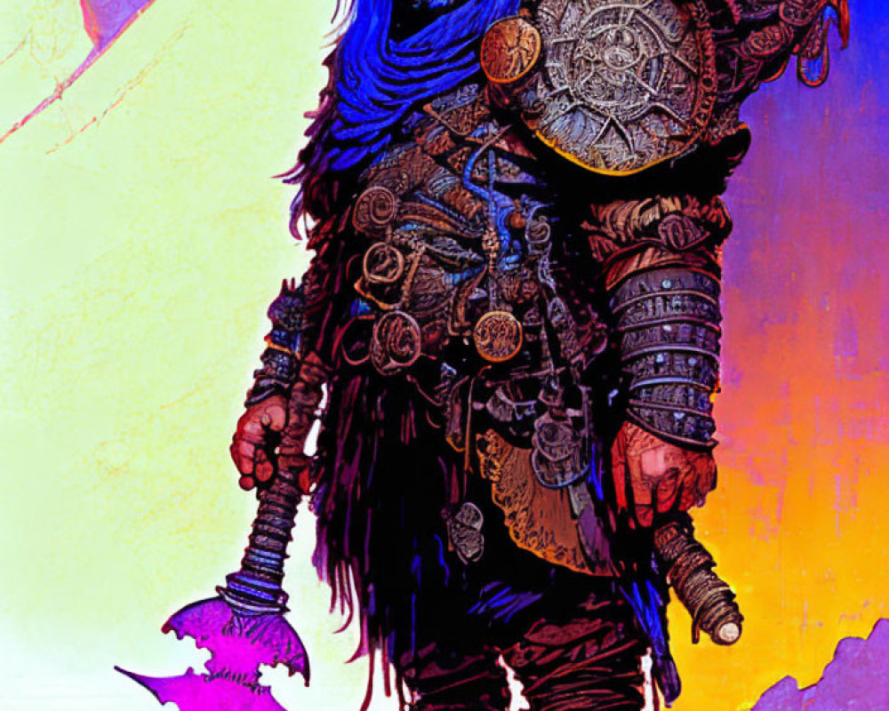 Fantasy warrior with beard, armor, shield, axe & mystical creature