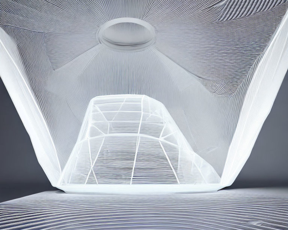 Futuristic illuminated interior with white geometric sculpture and patterned walls