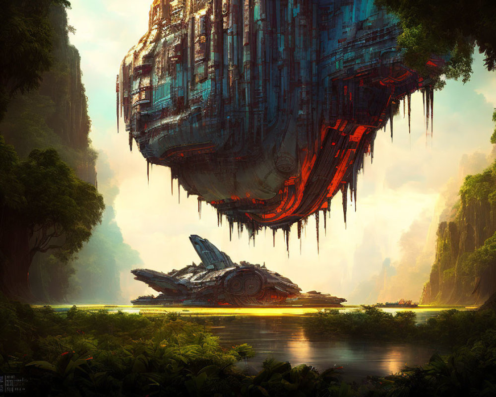 Abandoned spaceship over serene forest river landscape