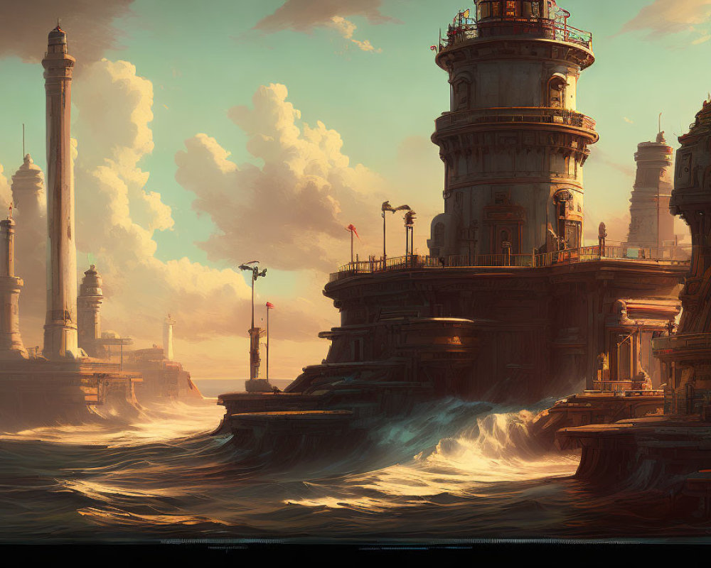 Fantastical coastal citadel with ornate towers in warm sunset light