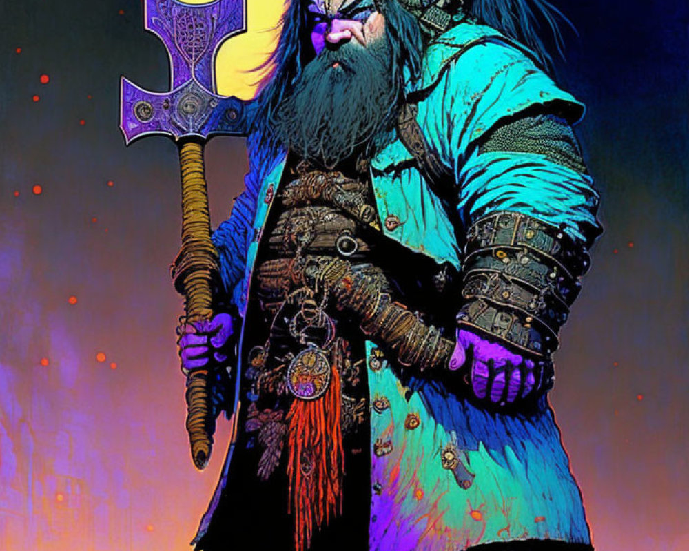 Fantasy dwarf with axe under full moon on purple sky
