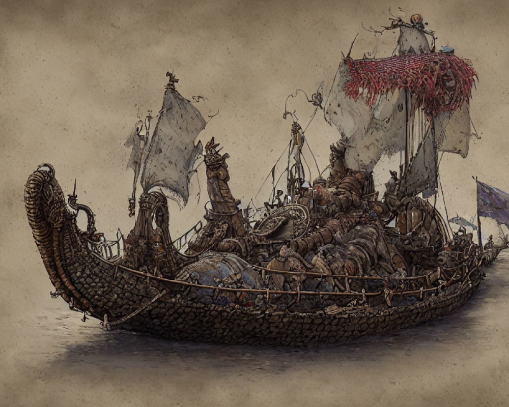 Illustration of weathered Viking longship at sea with warriors, sails, shields