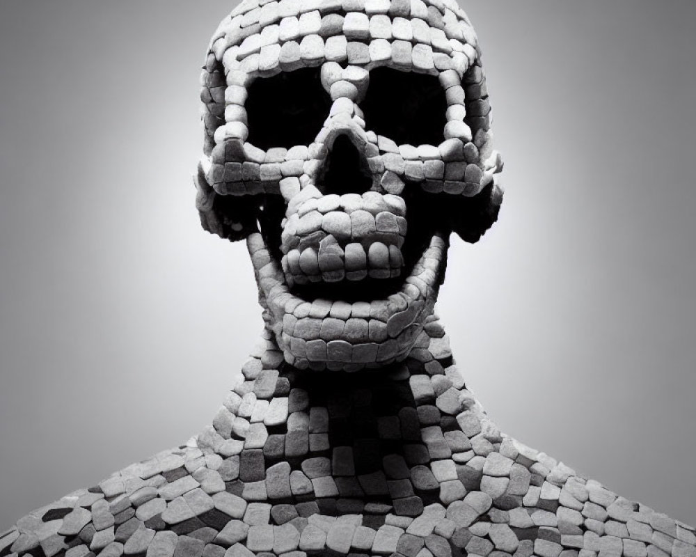 Monochrome mosaic human figure with skull-like face on gray background