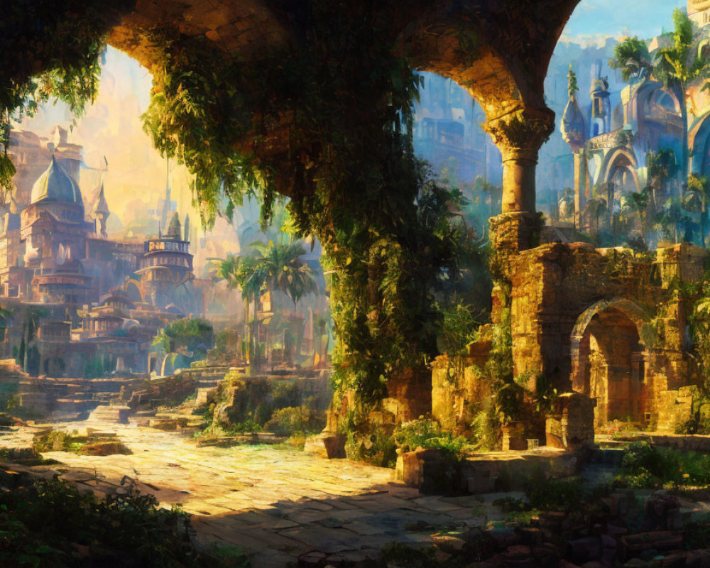 Ancient ruins of a forgotten city surrounded by lush foliage and overgrown vegetation.