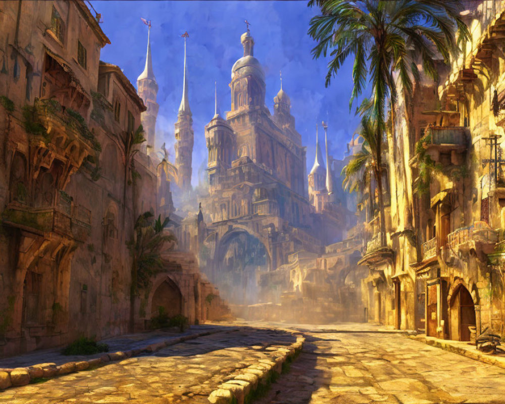 Sunlit ancient city with cobblestone paths and grand spires under clear sky
