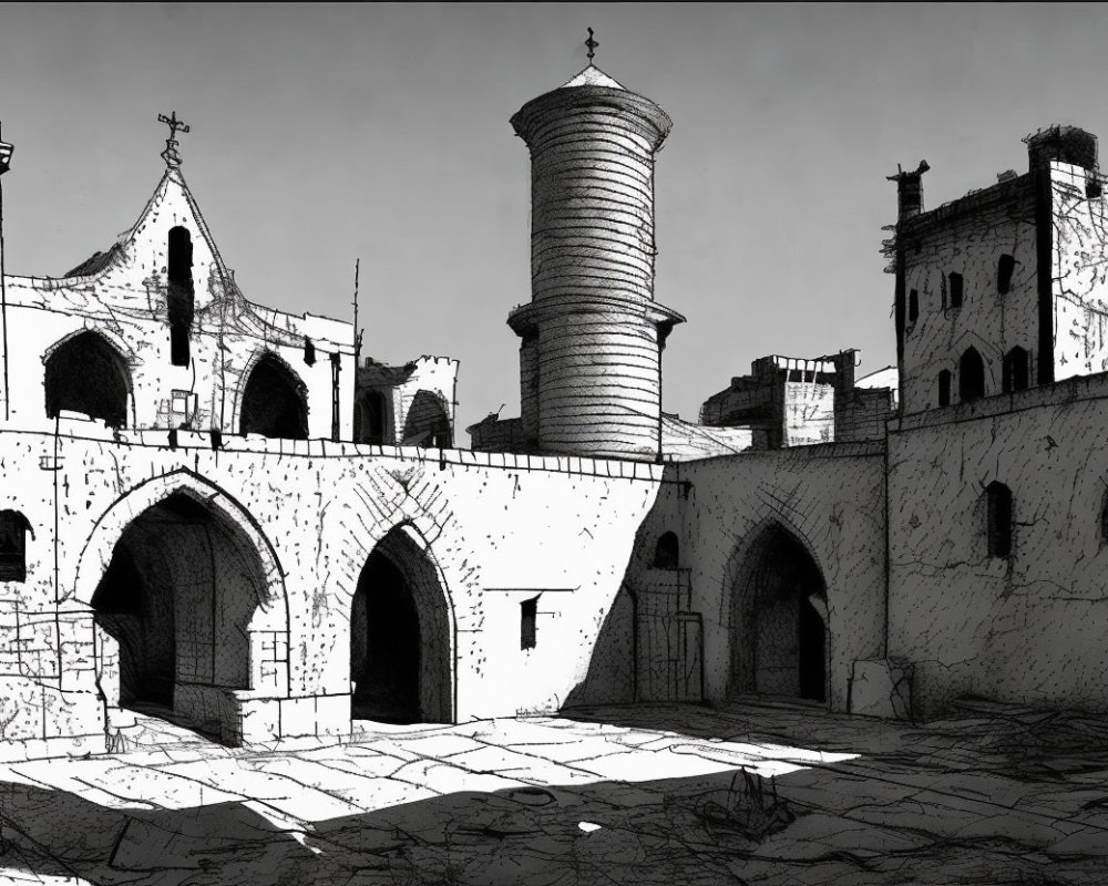 Monochrome sketch of ancient fortress with arched doorways and round tower