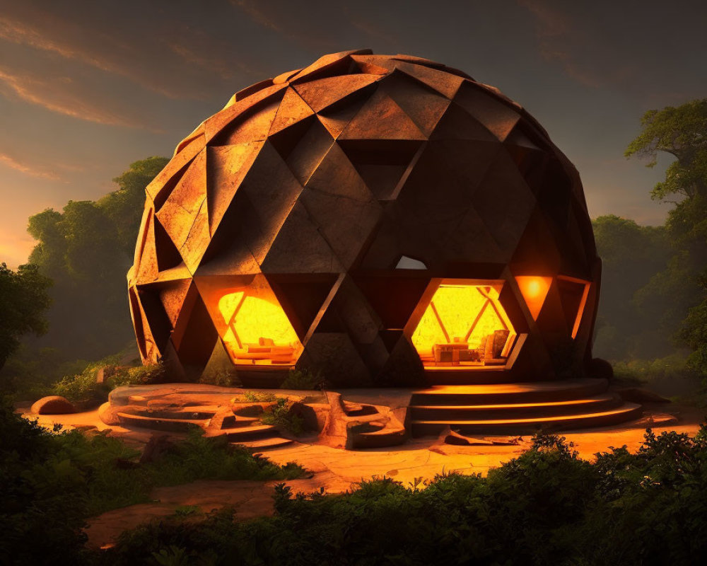 Geodesic dome house with warm lights in serene forest at dusk