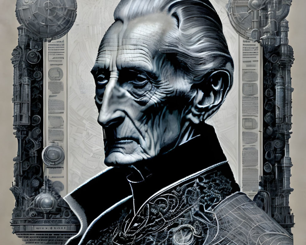 Detailed portrait of stern elderly man in ornate attire against intricate backdrop